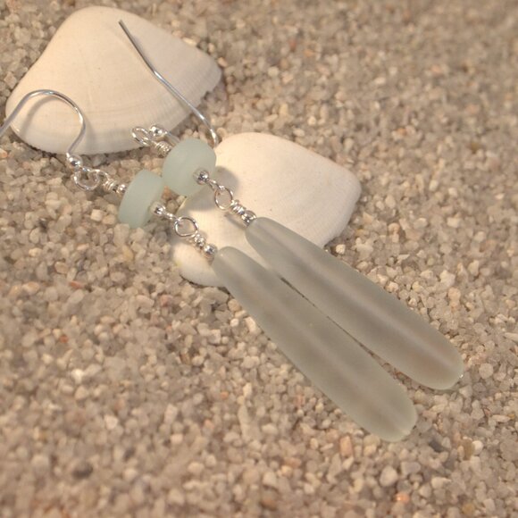 Long Sea Glass Drop Earrings Beach Statement Pierced or Clip-on Earrings - Picture 7 of 11